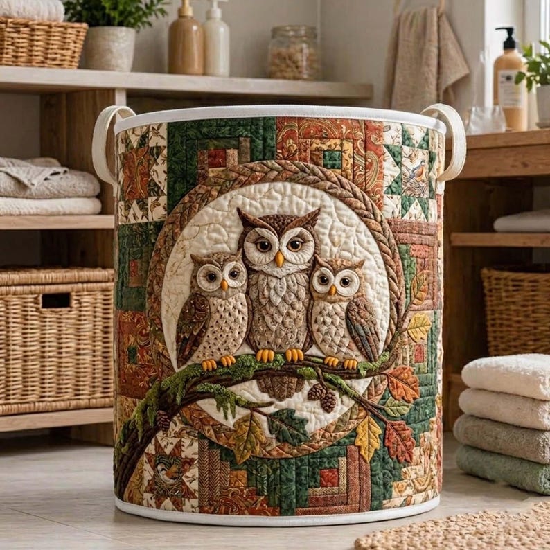 Owl Family Quilted Laundry Basket, Forest Bird Storage Bin, Patchwork Clothes Hamper