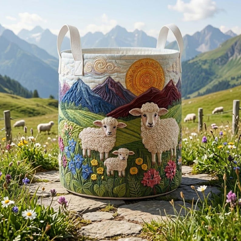 Sheep Heaven Quilted Laundry Basket, Mountain Landscape Fabric Hamper, Sheep Lover Gift