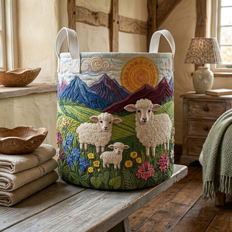Sheep Heaven Quilted Laundry Basket, Mountain Landscape Fabric Hamper, Sheep Lover Gift