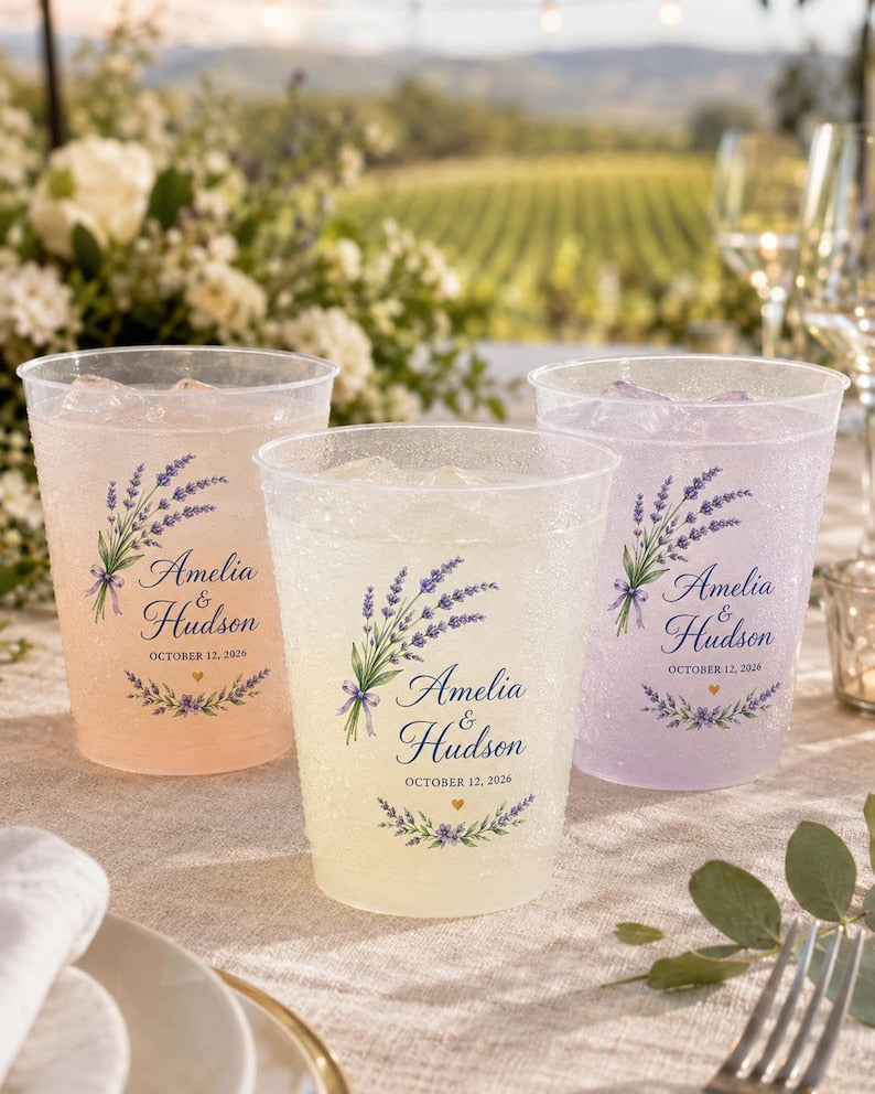 Custom Frosted Cups, Personalized Lavender Wedding Cups, Bride Groom Floral Drinkware