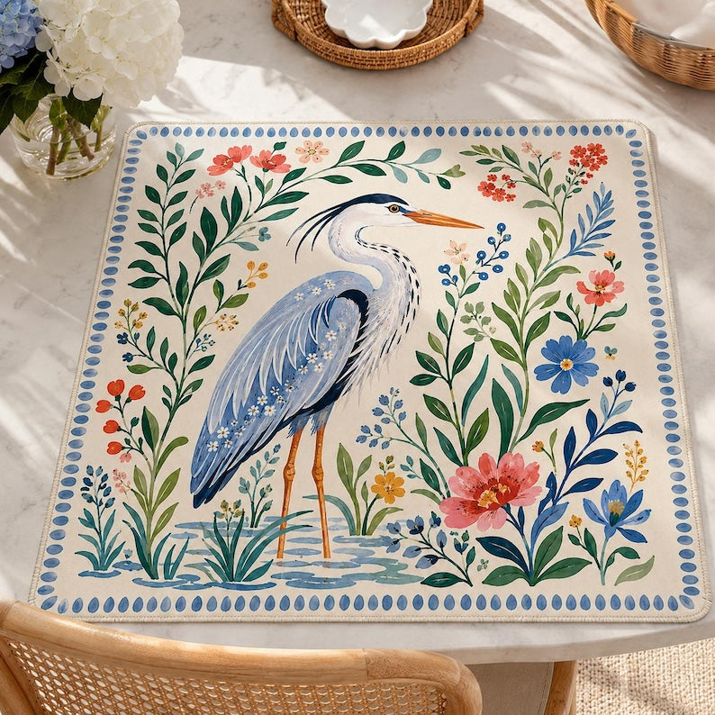 Watercolor Floral Summer Light Blue Heron Mahjong Mat