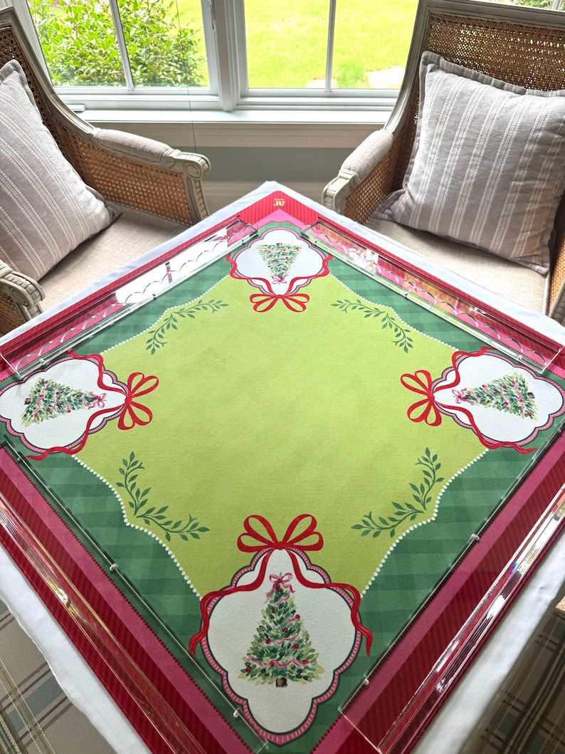 Watercolor Christmas Tree Mahjong Mat, Pink Green Red Holiday, Preppy Holiday Decor, Grandmillennial Mahjong Gift