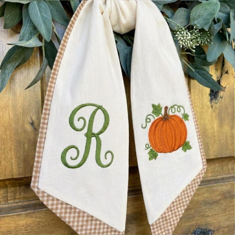 Embroidered Monogrammed Thanksgiving Fall Wreath Sash, Sash Pumpkin Personalized Holiday Gift, Front Door Bow
