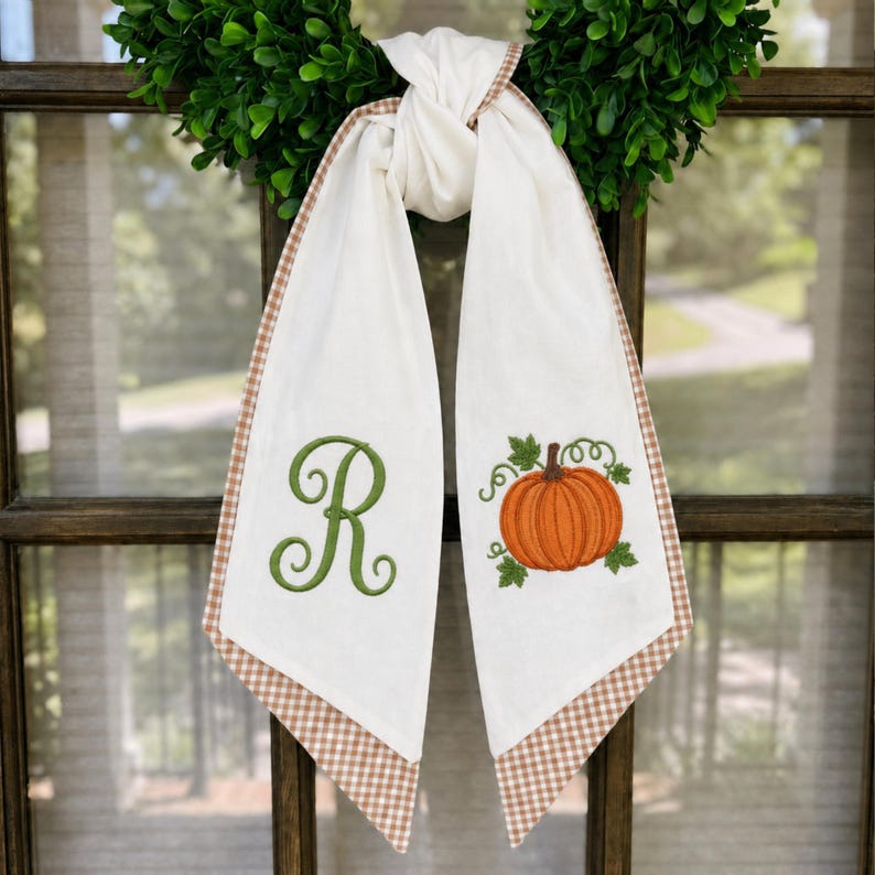 Embroidered Monogrammed Thanksgiving Fall Wreath Sash, Sash Pumpkin Personalized Holiday Gift, Front Door Bow