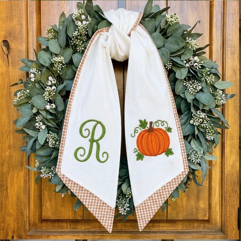 Embroidered Monogrammed Thanksgiving Fall Wreath Sash, Sash Pumpkin Personalized Holiday Gift, Front Door Bow