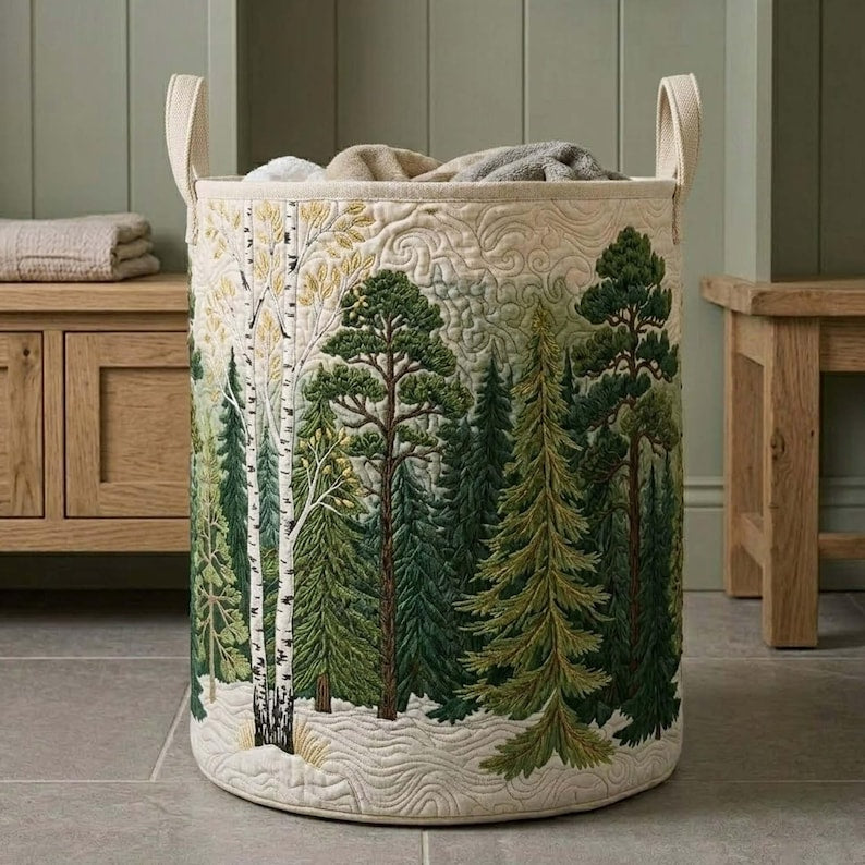 Pine Forest Quilted Laundry Basket, Woodland Nature Hamper, Forest Theme Gifts