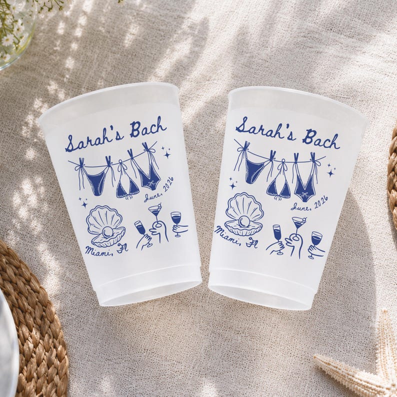 Personalized Frosted Plastic Cups, Beach Bachelorette Party Cups, Bach Club Cups, Pool Party Favor