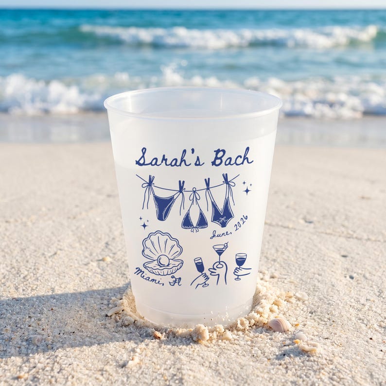 Personalized Frosted Plastic Cups, Beach Bachelorette Party Cups, Bach Club Cups, Pool Party Favor