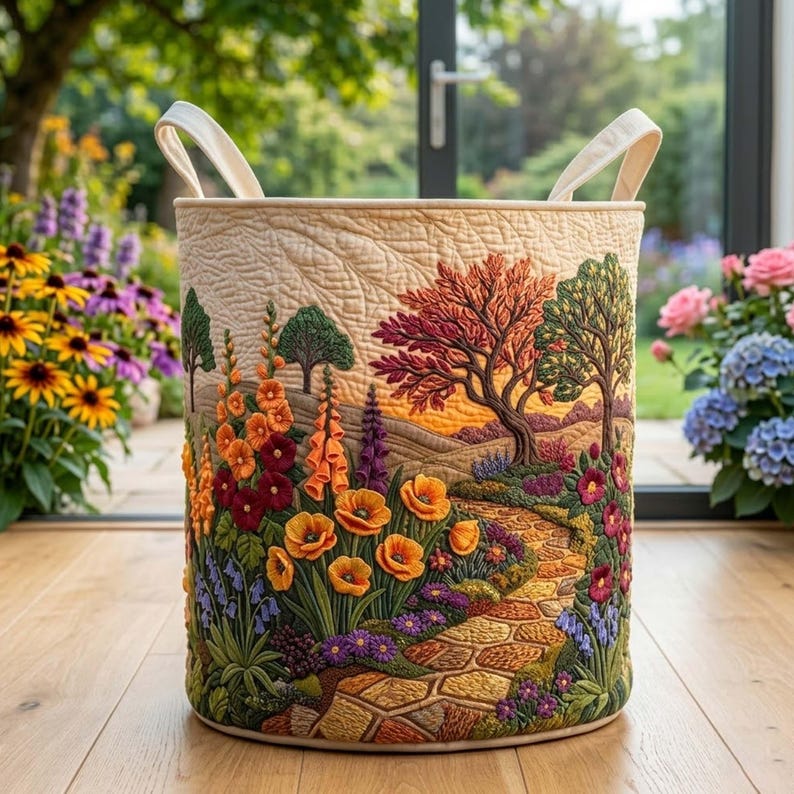 Sunset Flower Path Quilted Laundry Basket, Floral Foldable Hamper, Gift For Grandma