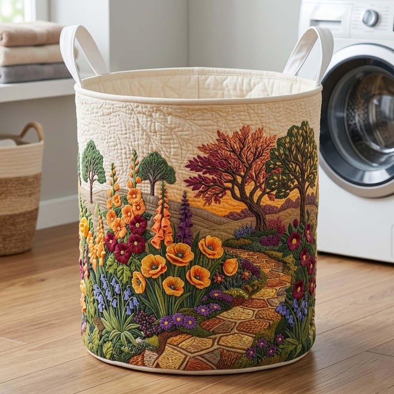 Sunset Flower Path Quilted Laundry Basket, Floral Foldable Hamper, Gift For Grandma