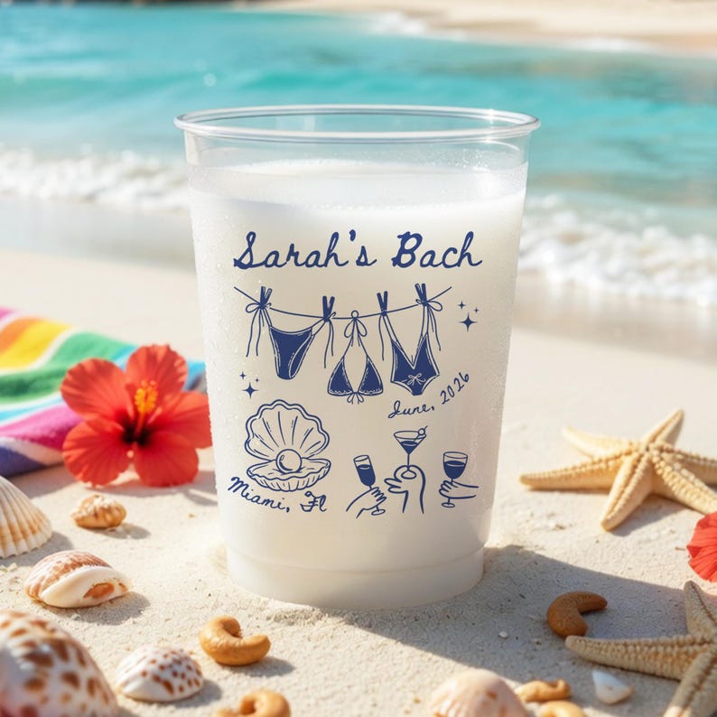 Personalized Frosted Plastic Cups, Beach Bachelorette Party Cups, Bach Club Cups, Pool Party Favor