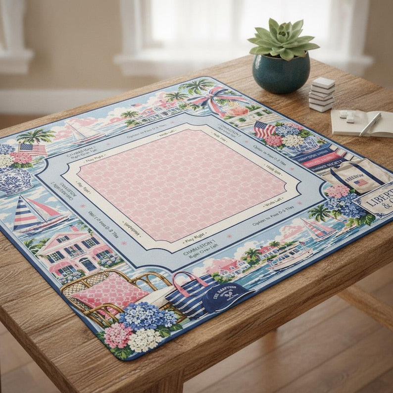 Coastal Mahjong Mat With Rules, Beginner Game Pad, Patriotic Summer Decor