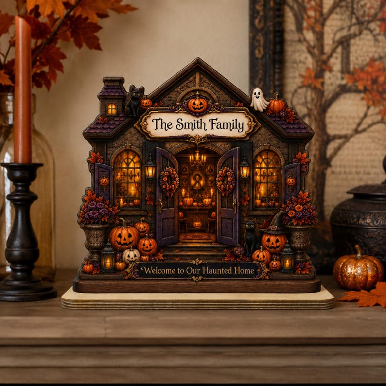 Personalized Halloween House Wooden Plaque, Custom Family Decor, Spooky Home Sign