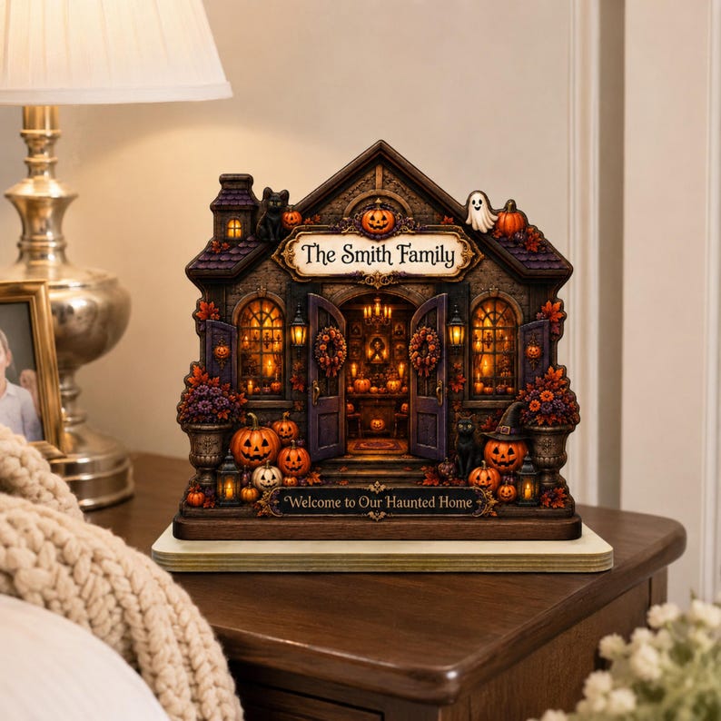 Personalized Halloween House Wooden Plaque, Custom Family Decor, Spooky Home Sign