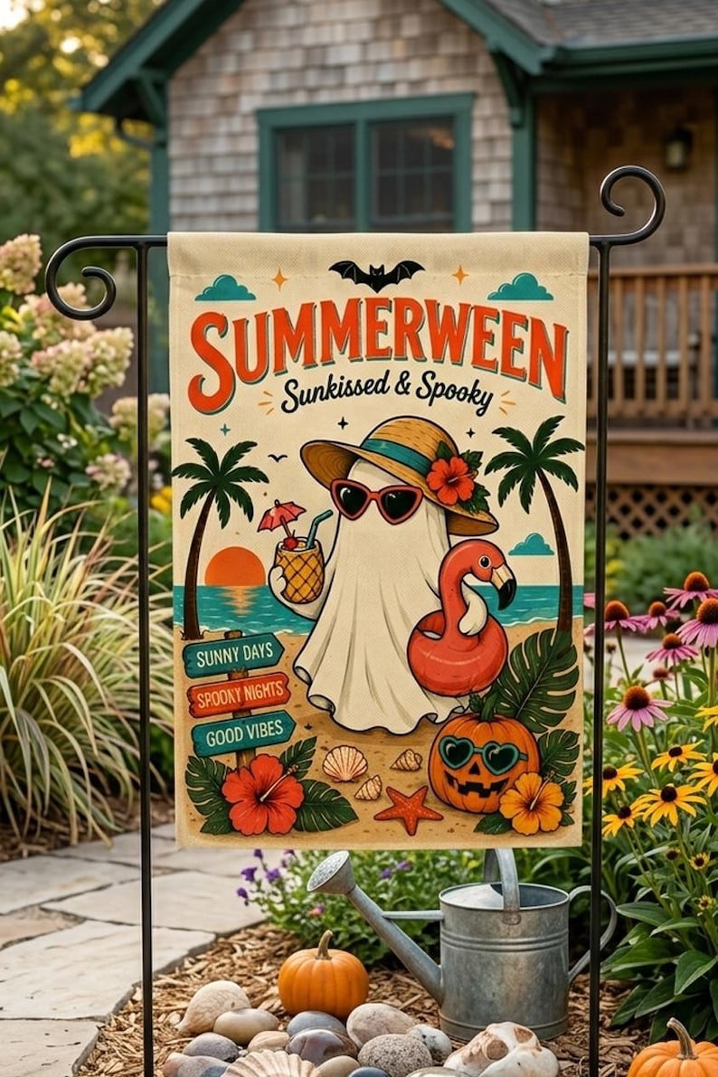 Summerween Garden Flag, Retro Ghost Spooky Beach Polyester