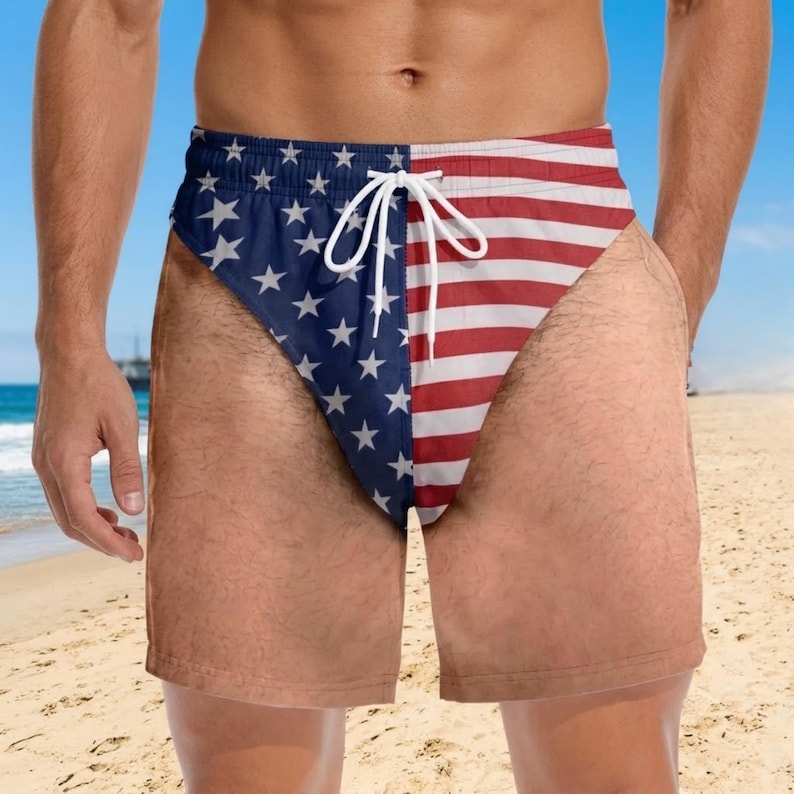 Custom Funny Patriotic Men's Swim Trunks, Personalized American Flag Swim Shorts, Summer Vacation Gift
