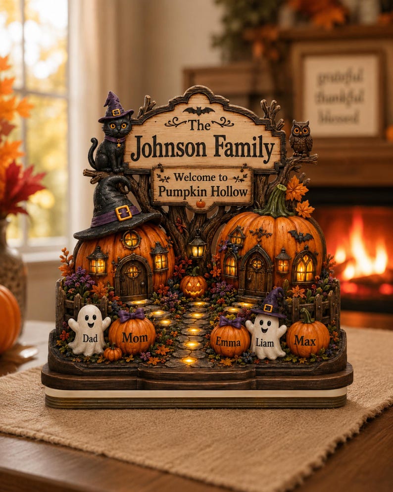 Halloween Pumpkin Hollow , Personalized Family Names Fall Decor, Custom Pumpkin Village Shelf Sitter