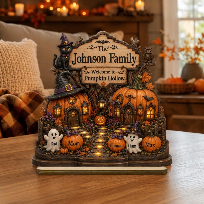 Halloween Pumpkin Hollow , Personalized Family Names Fall Decor, Custom Pumpkin Village Shelf Sitter