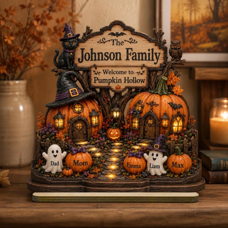 Halloween Pumpkin Hollow , Personalized Family Names Fall Decor, Custom Pumpkin Village Shelf Sitter