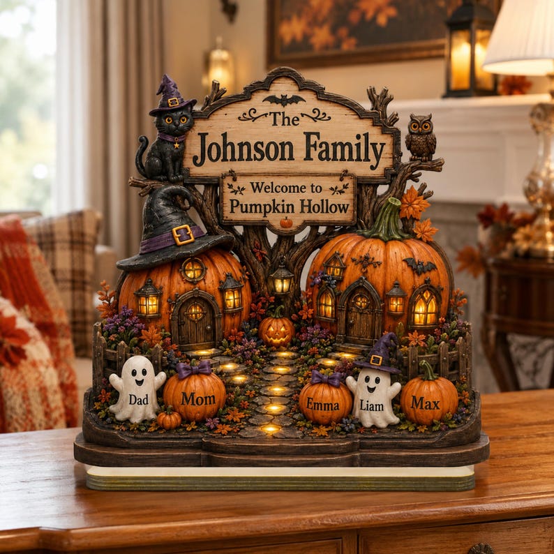 Halloween Pumpkin Hollow , Personalized Family Names Fall Decor, Custom Pumpkin Village Shelf Sitter
