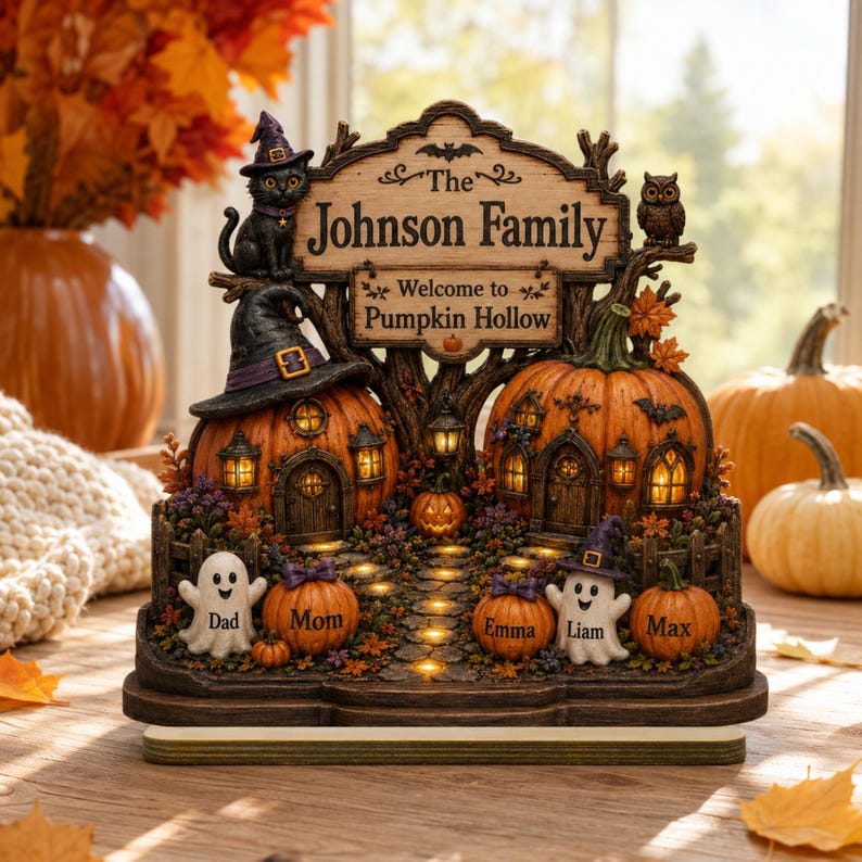 Halloween Pumpkin Hollow , Personalized Family Names Fall Decor, Custom Pumpkin Village Shelf Sitter