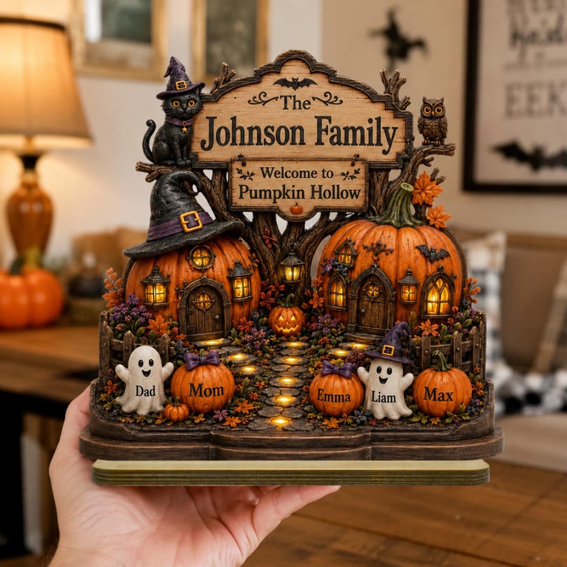 Halloween Pumpkin Hollow , Personalized Family Names Fall Decor, Custom Pumpkin Village Shelf Sitter