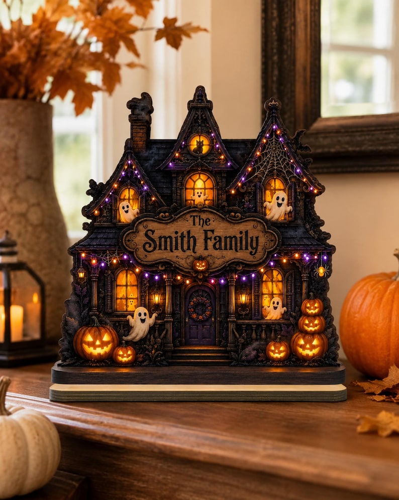 Custom Family Name Halloween Haunted House, Personalized Spooky Wooden Plaque