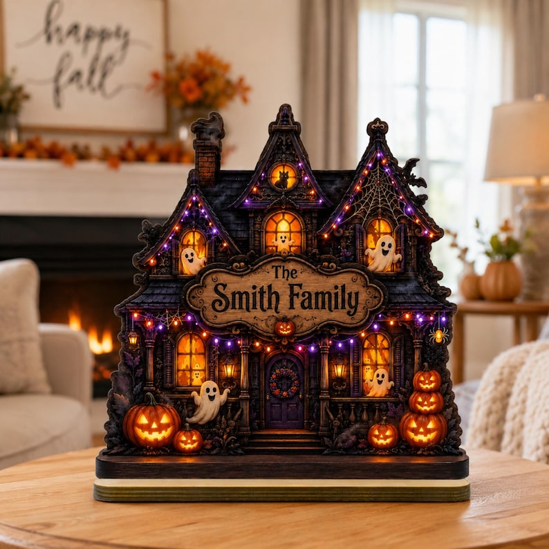 Custom Family Name Halloween Haunted House, Personalized Spooky Wooden Plaque