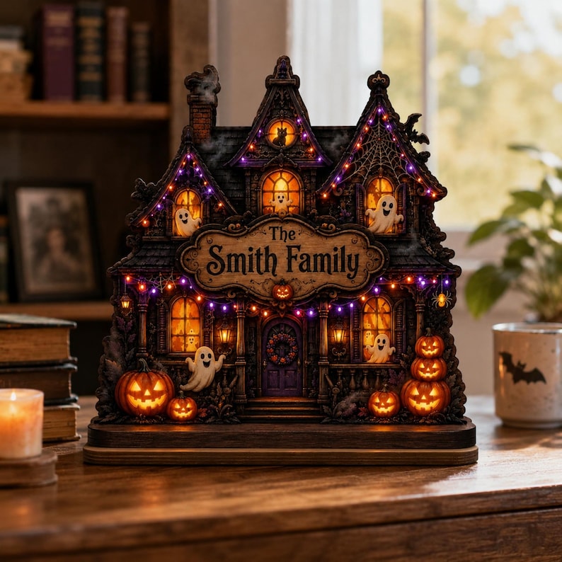 Custom Family Name Halloween Haunted House, Personalized Spooky Wooden Plaque