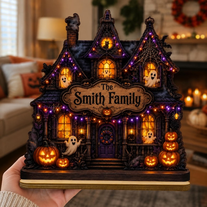 Custom Family Name Halloween Haunted House, Personalized Spooky Wooden Plaque