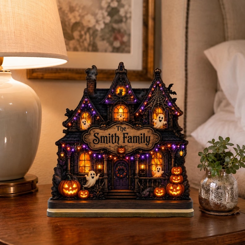 Custom Family Name Halloween Haunted House, Personalized Spooky Wooden Plaque