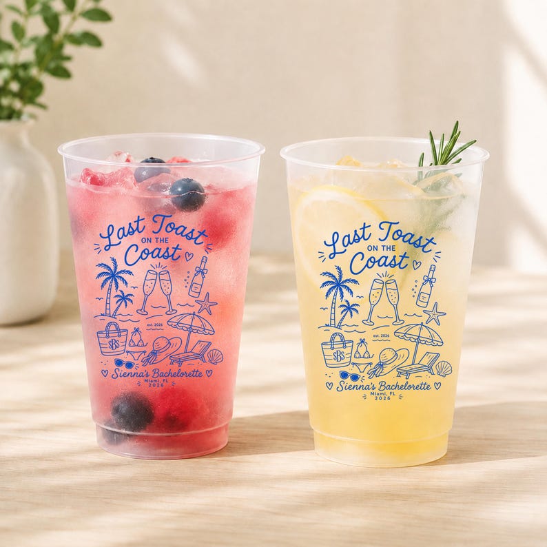 Last Toast On The Coast Frosted Cups, Personalized Beach Bachelorette Cups, Coastal Bach Weekend Party Favors