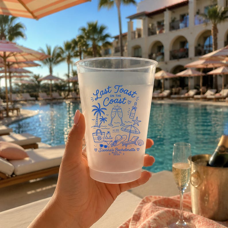Last Toast On The Coast Frosted Cups, Personalized Beach Bachelorette Cups, Coastal Bach Weekend Party Favors
