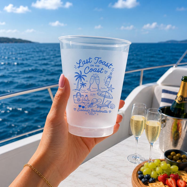 Last Toast On The Coast Frosted Cups, Personalized Beach Bachelorette Cups, Coastal Bach Weekend Party Favors