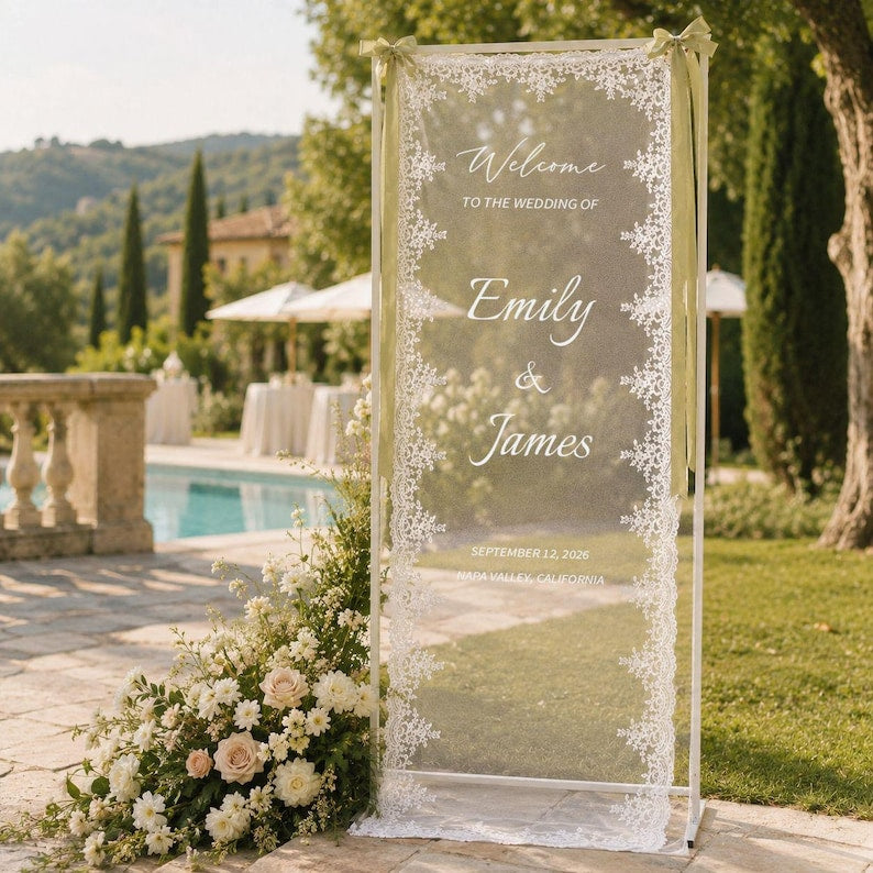 Personalized Lace Wedding Welcome Sign, Custom Sheer Wedding Signage, Reception Decor, Wedding Lace Banner
