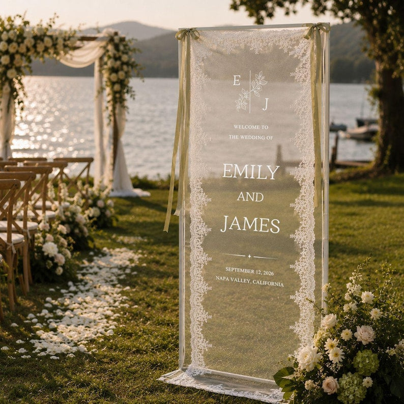 Personalized Lace Wedding Welcome Sign, Custom Sheer Wedding Signage, Reception Decor, Wedding Lace Banner