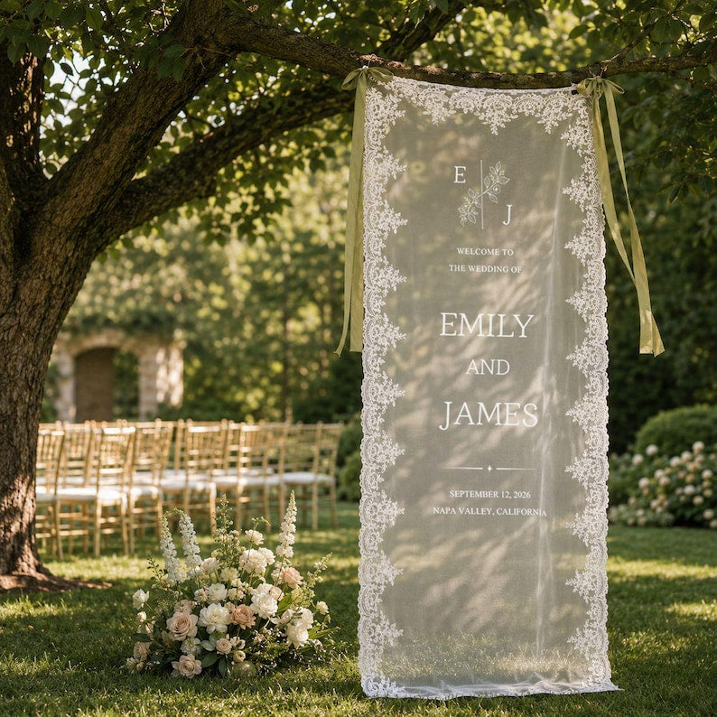 Personalized Lace Wedding Welcome Sign, Custom Sheer Wedding Signage, Reception Decor, Wedding Lace Banner