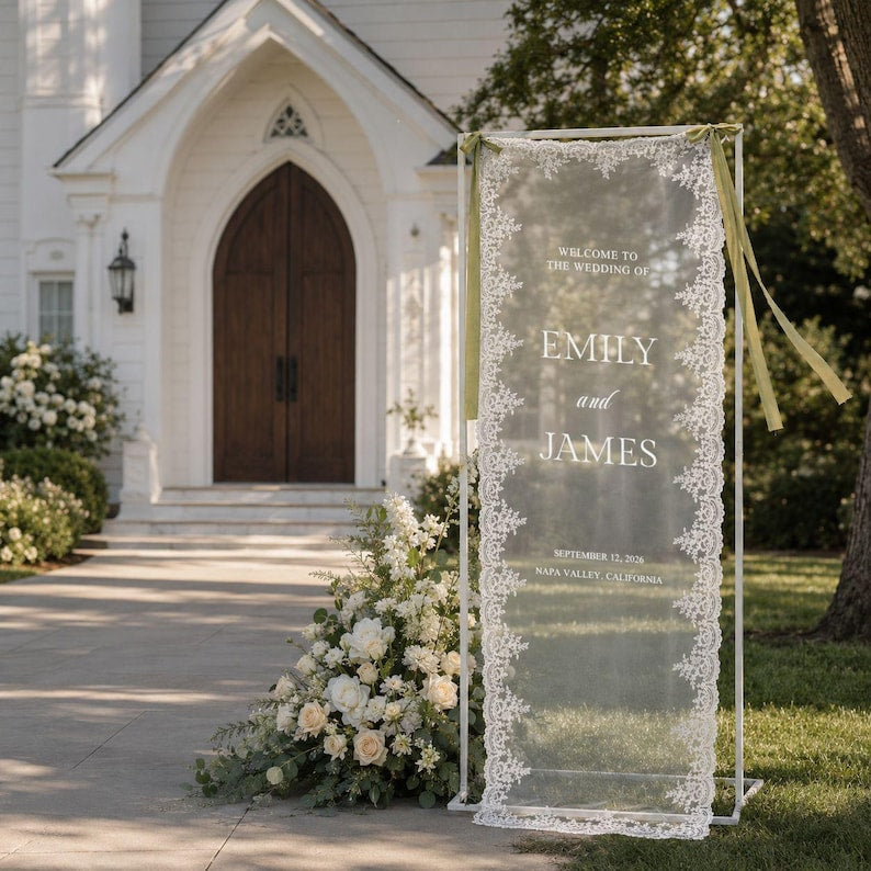 Personalized Lace Wedding Welcome Sign, Custom Sheer Wedding Signage, Reception Decor, Wedding Lace Banner