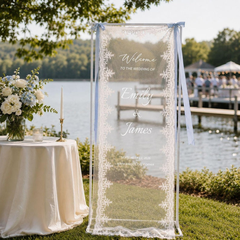 Personalized Lace Wedding Welcome Sign, Custom Sheer Wedding Signage, Reception Decor, Wedding Lace Banner