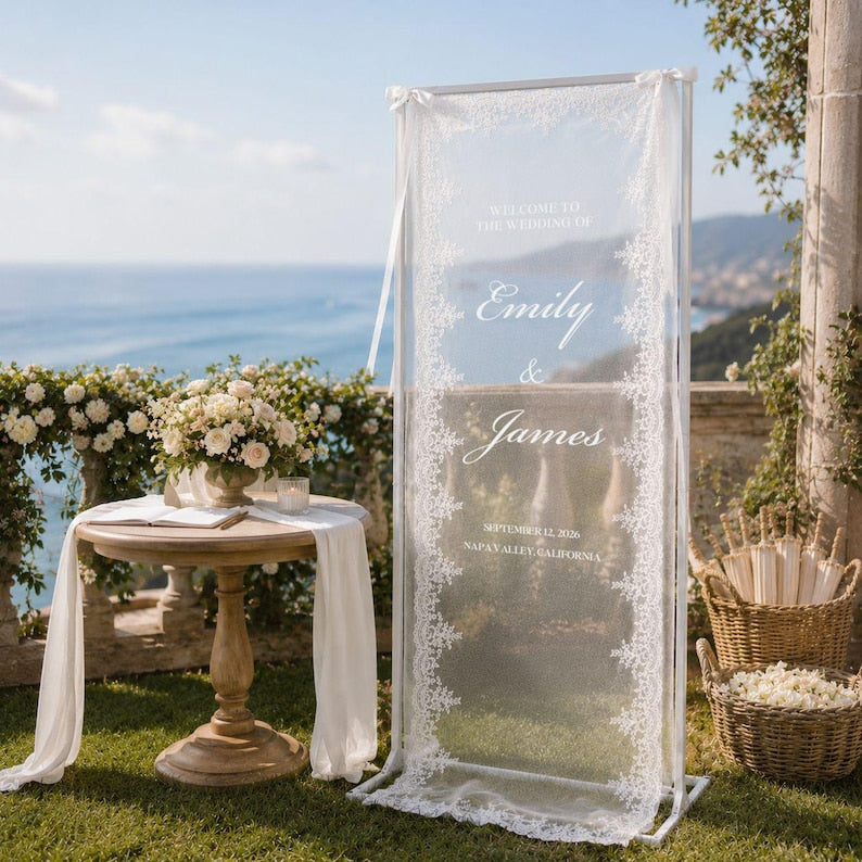Personalized Lace Wedding Welcome Sign, Custom Sheer Wedding Signage, Reception Decor, Wedding Lace Banner