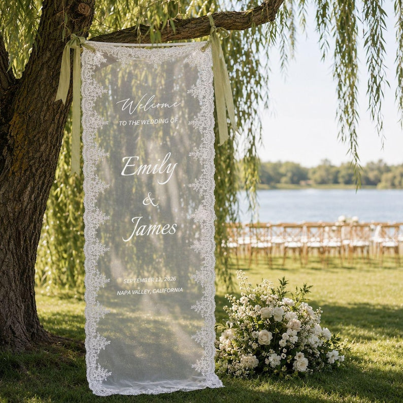 Personalized Lace Wedding Welcome Sign, Custom Sheer Wedding Signage, Reception Decor, Wedding Lace Banner