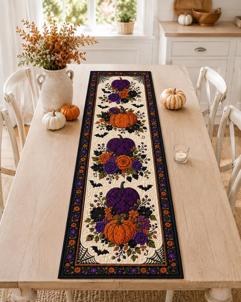 Halloween Pumpkin Table Runner, Floral Bat Quilted Table Decor, Spooky Fall Dining Table Runner