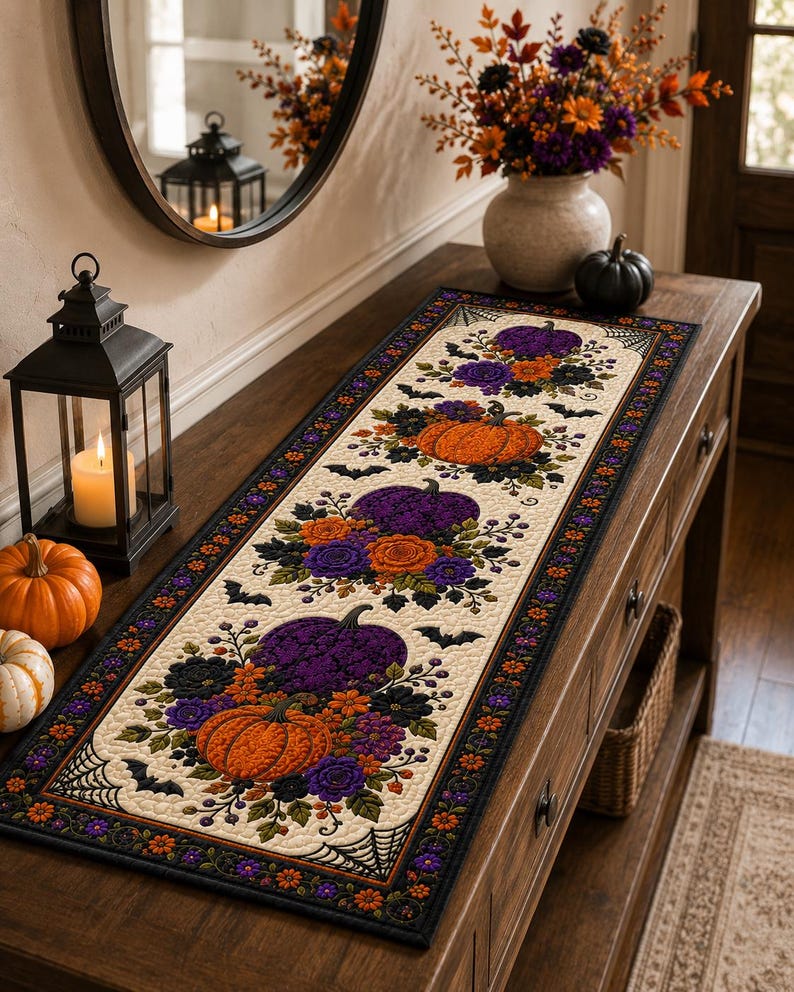 Halloween Pumpkin Table Runner, Floral Bat Quilted Table Decor, Spooky Fall Dining Table Runner