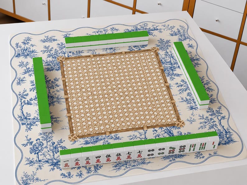 Blue Toile Mahjong Mat, Cane Pattern Table Runner, Noise Reduction Game Mat