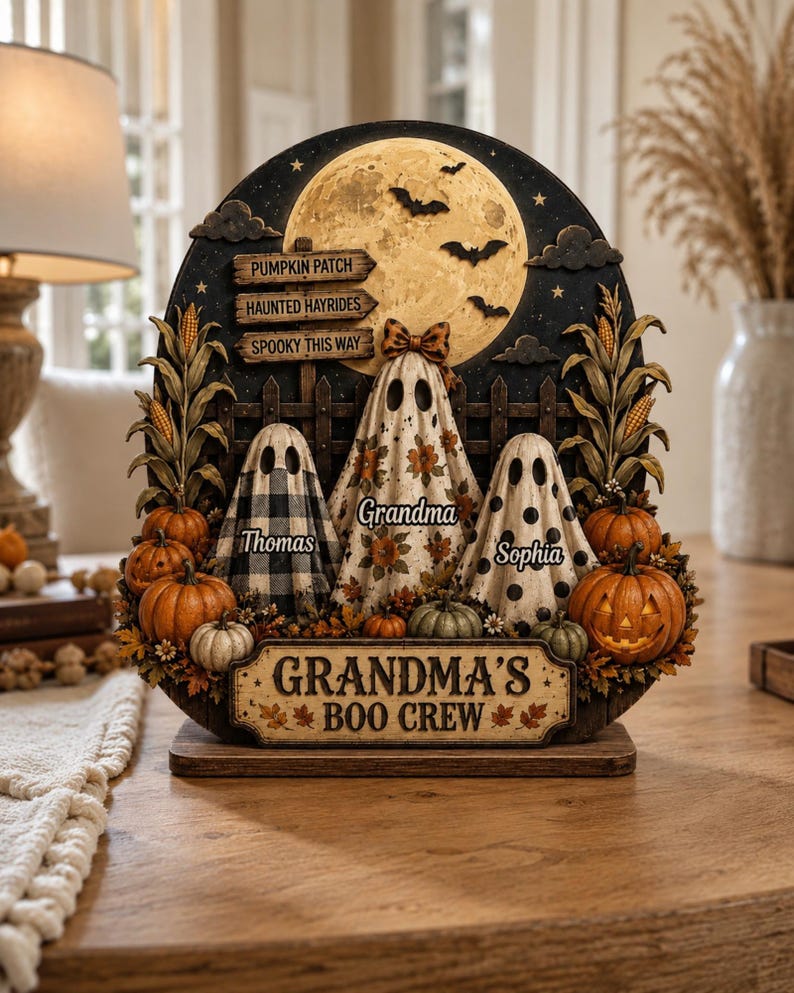 Personalized Halloween Ghost Wooden Plaque, Grandma’s Boo Crew Fall Shelf Decor