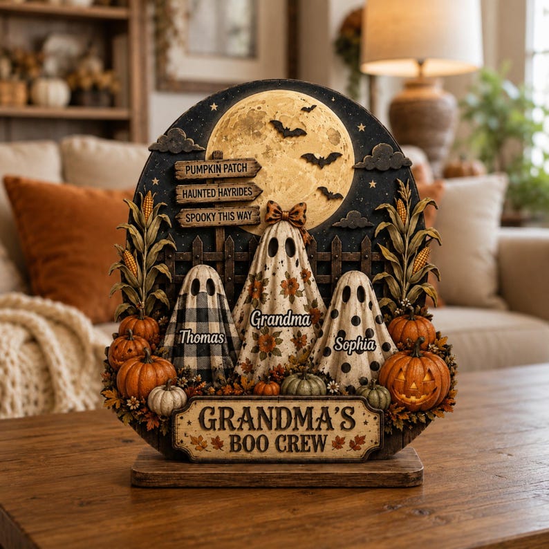 Personalized Halloween Ghost Wooden Plaque, Grandma’s Boo Crew Fall Shelf Decor