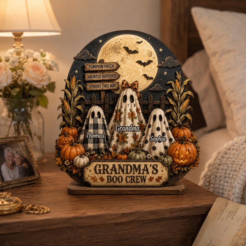 Personalized Halloween Ghost Wooden Plaque, Grandma’s Boo Crew Fall Shelf Decor