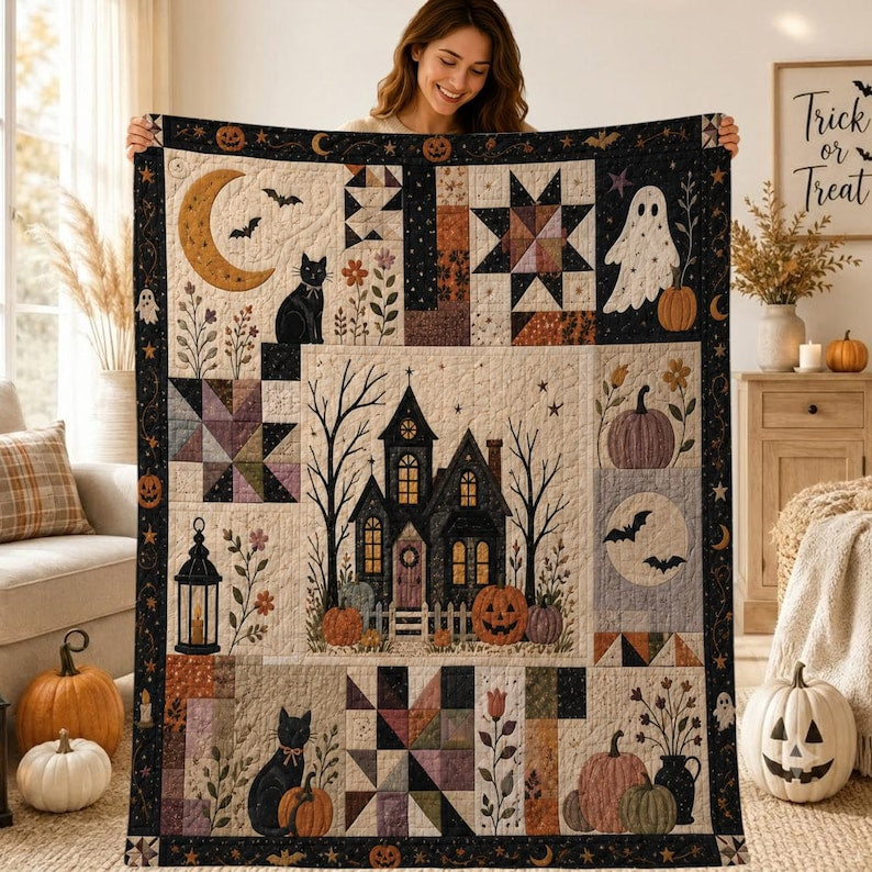 Halloween Patchwork Quilt, Spooky Ghost Pumpkin Blanket, Haunted House Quilt, Gothic Fall Bedding