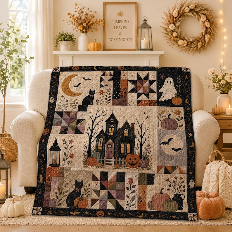 Halloween Patchwork Quilt, Spooky Ghost Pumpkin Blanket, Haunted House Quilt, Gothic Fall Bedding