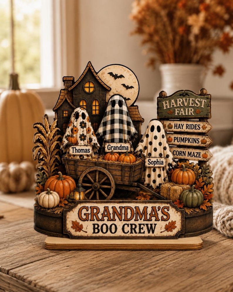 Grandma’s Boo Crew Wooden Plaque, Personalized Halloween Ghost Decor